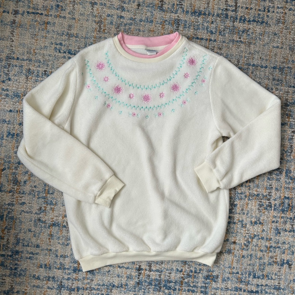 Haband Vintage Cottagecore Cream Sweater with Floral Embroidery VTG